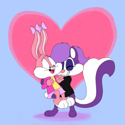 Size: 1280x1275 | Tagged: safe, artist:neonfeline, babs bunny (tiny toon adventures), fifi la fume (tiny toon adventures), lagomorph, mammal, rabbit, skunk, anthro, tiny toon adventures, warner brothers, anthro/anthro, babsxfifi (tiny toon adventures), big tail, bridal carry, carrying, clothes, duo, duo female, feet, female, female/female, females only, hair, heart, holding, holding character, huge tail, lgbt, lgbtq, rabbit ears, ribbon, shipper on deck, shipping, shipping fuel, sweater, tail, tiny toons looniversity, topwear