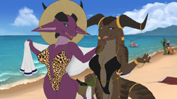 Size: 2560x1440 | Tagged: safe, artist:koboldskye, oc, oc:tasha (koboldskye), bovid, canine, fictional species, fox, goat, kobold, lizard, mammal, reptile, anthro, 2023, beach, big breasts, breasts, clothes, female, females only, hat, headwear, horns, one-piece swimsuit, sun hat, swimsuit, thick thighs, thighs, towel, water, wide hips