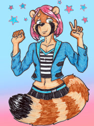 Size: 960x1280 | Tagged: safe, artist:riosha, oc, oc only, canine, mammal, raccoon dog, anthro, belly button, black skirt, bottomwear, brown body, brown fur, clothes, crop top, cropped jacket, cropped shirt, female, fur, gesture, green eyes, hair, jacket, midriff, peace sign, pink hair, short hair, skirt, solo, solo female, striped clothes, striped fur, striped shirt, striped tail, stripes, tail, topwear