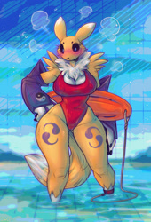 Size: 1581x2331 | Tagged: suggestive, artist:dimwitdog, fictional species, renamon, anthro, digimon, 2023, blushing, breasts, cameltoe, cleavage, clothes, digital art, ears, embarrassed, eyelashes, female, fluff, fur, lifeguard, looking at you, neck fluff, nipple outline, one-piece swimsuit, partially submerged, pose, shocked expression, shrunken pupils, solo, solo female, swimming pool, swimsuit, tail, thighs, wide hips