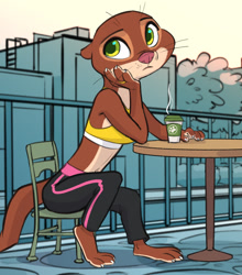 Size: 1070x1218 | Tagged: safe, artist:siroc, mrs. otterton (zootopia), mammal, mustelid, otter, anthro, disney, zootopia, 2023, barefoot, bottomwear, brown body, brown fur, chair, clothes, coffee, digital art, drink, female, fur, green eyes, outdoors, pants, paws, sitting, solo, solo female, table, topwear