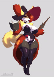 Size: 1748x2481 | Tagged: suggestive, artist:inu-sama, delphox, fictional species, anthro, nintendo, pokémon, 2023, big breasts, boots, breasts, cameltoe, clothes, digital art, ear fluff, ears, eyelashes, female, fluff, fur, halloween, hat, headwear, high heel boots, high heels, holiday, legwear, leotard, pose, shoes, solo, solo female, starter pokémon, stockings, tail, thick thighs, thighs, wide hips, witch hat