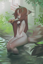 Size: 700x1050 | Tagged: suggestive, artist:miles-df, canine, mammal, anthro, 2023, brushing, comb, complete nudity, female, hair, hair over one eye, lidded eyes, looking at you, nudity, outdoors, partially submerged, sitting, solo, solo female