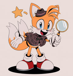 Size: 1280x1333 | Tagged: safe, artist:gaminggoru, miles "tails" prower (sonic), canine, fox, mammal, red fox, anthro, sega, sonic the hedgehog (series), 2023, 2d, blue eyes, blushing, bottomless, clothes, cute, detective, detective hat, full body, fur, gloves, gray background, hat, headwear, holding, holding object, looking at you, magnifying glass, male, multiple tails, open mouth, open smile, orange body, orange fur, partial nudity, shoes, simple background, smiling, smiling at you, solo, solo male, tail, the murder of sonic the hedgehog, two tails, yellow body, yellow fur