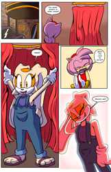 Size: 3300x5100 | Tagged: safe, artist:cartoonwatcher1234, artist:izeekiil, amy rose (sonic), cream the rabbit (sonic), hedgehog, lagomorph, mammal, rabbit, anthro, comic:the incredible growing cream, sega, sonic the hedgehog (series), absurd resolution, best friends, boots, bottomwear, bunny ears, clapping, clothes, comic, cream body, cream fur, cute, dress, dressing room, duo, embarrassed, eyelashes, female, females only, friends, friendship, fur, gloves, growth, headband, headwear, inkbunny, multicolored body, older cream the rabbit, orange eyes, outfit, overalls, page, pink body, pink fur, presenting, rabbit ears, red dress, shoes, smiling
