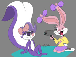 Size: 1280x963 | Tagged: safe, artist:rigoanimate, babs bunny (tiny toon adventures), fifi la fume (tiny toon adventures), lagomorph, mammal, rabbit, skunk, anthro, tiny toon adventures, warner brothers, 90s, barefeet, barefoot, big tail, bottomwear, bow, camera, clothes, duo, duo female, ears, eyelashes, female, females only, fluff, fur, glasses, hair, huge tail, long ears, mouth closed, open mouth, pink body, pink eyes, pink fur, purple body, purple fur, purple skirt, rabbit ears, ribbon, sitting, skirt, smiling, smiling at each other, sunglasses, tail, tail fluff, video camera, yellow shirt
