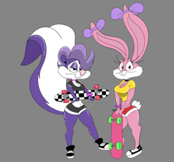 Size: 1280x1194 | Tagged: safe, artist:rigoanimate, babs bunny (tiny toon adventures), fifi la fume (tiny toon adventures), lagomorph, mammal, rabbit, skunk, anthro, tiny toon adventures, warner brothers, 90s, big ears, big tail, breasts, clothes, digital art, duo, duo female, ears, eyelashes, fanart, female, females only, fluff, fur, huge tail, lidded eyes, long ears, outfit, pink body, pink fur, pretty, purple body, purple fur, rabbit ears, shoes, skateboard, smiling, tail, tail fluff, white body, white fur