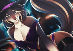 Size: 2294x1606 | Tagged: safe, artist:butterfliess, oc, oc only, canine, mammal, wolf, anthro, 2023, bedroom eyes, breasts, clothes, commission, corset, costume, digital art, ears, eyelashes, female, fur, hair, halloween, halloween costume, hat, headwear, looking at you, panties, pose, solo, solo female, tail, thighs, underwear, wide hips, witch hat, ych result