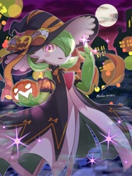 Size: 1536x2048 | Tagged: safe, artist:lunlun_runatic, fictional species, gardevoir, anthro, nintendo, pokémon, 2023, clothes, detailed background, digital art, ears, hair, hair over one eye, halloween, hat, headwear, holiday, thighs, witch hat