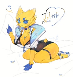 Size: 977x1024 | Tagged: safe, artist:toge77789, fictional species, joltik, anthro, digitigrade anthro, nintendo, pokémon, 2023, big breasts, breasts, clothes, digital art, ears, eyelashes, female, fur, hair, kneeling, one-piece swimsuit, pose, simple background, solo, solo female, swimsuit, tail, thick thighs, thighs, wide hips