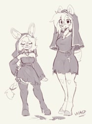 Size: 1500x2017 | Tagged: safe, artist:waspsalad, oc, oc:almond (waspsalad), oc:torpor, cervid, deer, lagomorph, mammal, rabbit, anthro, 2023, clothes, costume, duo, duo female, female, females only, halloween, halloween costume, high heels, nun, nun outfit, nun's habit, shoes, thick thighs, thighs, torn clothes, wide hips