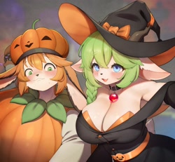 Size: 2048x1890 | Tagged: safe, artist:binglebingle7, mammal, anthro, 2023, blushing, breasts, cleavage, clothes, costume, duo, duo female, female, females only, halloween, halloween costume, hat, headwear, huge breasts, pumpkin, vegetables, witch costume, witch hat