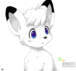 Size: 600x560 | Tagged: safe, artist:kzwpix23, kimba (kimba), big cat, feline, lion, mammal, anthro, kimba the white lion (series), tezuka productions, anthrofied, black body, black fur, black nose, blue eyes, blushing, bust, bust portrait, character name, chest fluff, cub, digital art, dipstick ears, eyebrows, fluff, fur, grey blush, grey inner ear, hair, kemono, kimba the white lion, leucistic, looking aside, male, multicolored ears, osamu tezuka, pantherine, portrait, shaded, short hair, simple background, solo, solo male, text, white background, white body, white fur, white hair, young