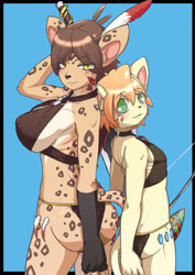 Size: 640x905 | Tagged: suggestive, artist:kzwpix23, cat, cheetah, feline, mammal, anthro, 2023, archer, big breasts, blonde hair, blushing, bow (weapon), breasts, brown hair, clothes, duo, feathers, female, femboy, gourd, green eyes, hair, huge breasts, larger female, male, melee weapon, native, ranged weapon, size difference, skimpy, smaller male, sword, tribal, warrior, weapon, yellow eyes