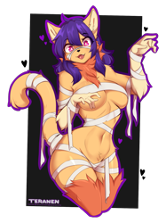Size: 1327x1777 | Tagged: safe, artist:teranen, cat, feline, mammal, anthro, 2023, big breasts, breasts, clothes, costume, female, halloween, halloween costume, mummy costume, solo, solo female, tail, thick thighs, thighs, underboob, wide hips