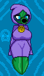 Size: 552x952 | Tagged: safe, artist:astropixy, green shadow (plants vs zombies), anthro, plants vs zombies, popcap games, adorasexy, big breasts, blue eyes, breasts, cloak, cute, female, green body, pixel art, plant, purple clothes, purple clothing, purple hood, sexy, simple background, solo, solo female, standing, thick, thick thighs, thighs, wide hips