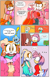 Size: 3300x5100 | Tagged: safe, artist:cartoonwatcher1234, artist:izeekiil, amy rose (sonic), cheese (sonic), cream the rabbit (sonic), vanilla the rabbit (sonic), chao, fictional species, hedgehog, lagomorph, mammal, rabbit, anthro, comic:the incredible growing cream, sega, sonic the hedgehog (series), absurd resolution, boots, bow, bow tie, brown body, brown eyes, brown fur, brown hair, clothes, comic, cream body, cream fur, daughter, ears, ears down, eyelashes, fanart, female, females only, flying, fur, gloves, green eyes, growth, hair, headband, headwear, inkbunny, long ears, mother, mother and child, mother and daughter, multicolored body, older cream the rabbit, orange eyes, page, pink body, pink fur, red dress, shoes