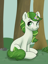 Size: 3000x4000 | Tagged: safe, artist:dumbwoofer, equine, fictional species, mammal, pony, unicorn, feral, hasbro, my little pony, my little pony g5, spoiler:my little pony g5, 2023, ear fluff, female, flower, flower in hair, fluff, forest, forest background, grass, hair, hair accessory, high res, horn, leaf (mlp g5), looking at you, mane, mare, plant, sitting, smiling, smiling at you, solo, solo female, tail, tree