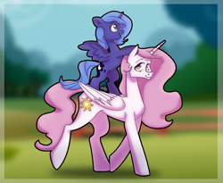 Size: 2408x1970 | Tagged: safe, artist:sonyager, princess celestia (mlp), princess luna (mlp), alicorn, equine, fictional species, mammal, pony, feral, friendship is magic, hasbro, my little pony, 2023, duo, duo female, feathered wings, feathers, female, females only, filly, foal, folded wings, hair, high res, horn, mane, mare, open mouth, open smile, ponies riding ponies, riding, royal sisters, siblings, sister, sisters, smiling, tail, walking, wings, woona, young, younger