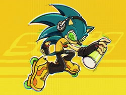 Size: 2964x2250 | Tagged: safe, artist:fronkus123, sonic the hedgehog (sonic), hedgehog, mammal, anthro, jet set radio, sega, sonic the hedgehog (series), 2023, beat (jet set radio), blue body, blue fur, bottomwear, clothes, crossover, fingerless gloves, full body, fur, gloves, high res, male, pants, quills, roller skates, shirt, solo, solo male, spray can, topwear