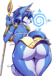 Size: 2225x3199 | Tagged: suggestive, artist:viejillox, krystal (star fox), canine, fox, mammal, anthro, nintendo, star fox, 2023, bandeau, big breasts, big butt, blue body, blue fur, blue hair, body markings, breasts, butt, choker, clothes, eyebrows, eyelashes, female, fur, hair, hairband, huge butt, krystal's staff, leaning forward, loincloth, looking at you, looking back, looking back at you, rearboob, short hair, shoulder guards, solo, solo female, staff, tail, thick thighs, thighs, tribal outfit, vixen, white body, white fur, wide hips