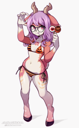 Size: 1200x1934 | Tagged: safe, artist:chickenpres, oc, oc only, cervid, deer, mammal, anthro, 2023, antlers, bikini, bikini top, breasts, clothes, commission, female, glasses, hooves, lollipop, small breasts, solo, solo female, swimsuit, tail, wide hips