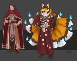 Size: 1388x1108 | Tagged: safe, artist:madness_demon, canine, fictional species, fox, human, kitsune, mammal, anthro, clothes, fire, male, multiple tails, robe, solo, solo male, tail