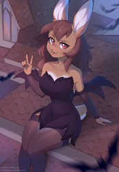 Size: 1600x2303 | Tagged: safe, artist:fensu-san, oc, oc only, lagomorph, mammal, rabbit, anthro, 2023, bare shoulders, bat wings, bottomwear, breasts, cleavage, clothes, dress, female, gesture, legwear, looking at you, outdoors, peace sign, red eyes, short tail, sitting, slit pupils, smiling, smiling at you, solo, solo female, stockings, tail, thigh highs, thighs, tongue, tongue out, webbed wings, wings