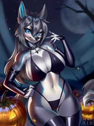 Size: 1662x2217 | Tagged: suggestive, artist:mayrinart, canine, mammal, wolf, anthro, 2023, absolute cleavage, almost nude, belly button, bikini, black nose, breasts, cleavage, clothes, collar, cross, fangs, female, gloves, gray hair, hair, halloween, hand on hip, holiday, jack-o-lantern, legwear, long gloves, looking at you, midriff, night, outdoors, pumpkin, sharp teeth, smiling, smiling at you, solo, solo female, swimsuit, teeth, thigh highs, vegetables