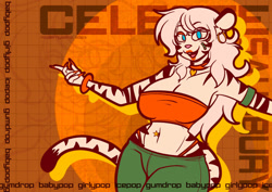 Size: 1063x752 | Tagged: safe, artist:modernyasha, oc, oc only, big cat, feline, mammal, tiger, anthro, 2023, belly button, belly button piercing, bracelet, choker, clothes, crop top, ear piercing, earring, female, fur, green pants, hair, highleg panties, jewelry, midriff, piercing, solo, solo female, striped fur, topwear, tube top, white hair, white tiger, wide hips
