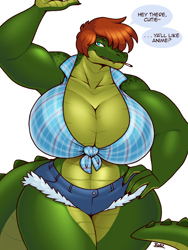 Size: 900x1200 | Tagged: safe, artist:blazbaros, crocodilian, reptile, anthro, 2021, big breasts, bottomwear, breasts, cigarette, cleavage, clothes, dialogue, female, front-tie top, hair, hand on hip, lidded eyes, looking at you, midriff, short hair, short shorts, shorts, simple background, solo, solo female, speech bubble, talking, thick thighs, thighs