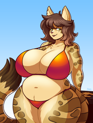 Size: 900x1200 | Tagged: safe, artist:blazbaros, oc, oc:jasmine marmalade, feline, mammal, anthro, 2021, absolute cleavage, arms behind back, big breasts, bikini, breasts, cleavage, clothes, female, looking at you, outdoors, slightly chubby, smiling, smiling at you, solo, solo female, swimsuit, thick thighs, thighs, tongue, tongue out