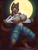 Size: 900x1200 | Tagged: safe, artist:blazbaros, canine, fictional species, mammal, werewolf, anthro, 2021, blank eyes, breasts, clothes, featureless breasts, female, full moon, gravestone, graveyard, jeans, moon, night, pants, solo, solo female, tank top, tongue, tongue out, topwear, torn clothes, transformation
