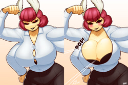 Size: 1280x853 | Tagged: suggestive, artist:blazbaros, arthropod, insect, moth, anthro, 2022, antennae, bedroom eyes, big breasts, black sclera, blushing, bra, breasts, button popping, cleavage, clothes, colored sclera, female, hand on hip, leaning, looking at you, multiple arms, multiple limbs, red eyes, smiling, smiling at you, strained button, two panel image, underwear, wardrobe malfunction