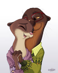 Size: 746x937 | Tagged: safe, artist:neverjay, emmitt otterton (zootopia), mrs. otterton (zootopia), mammal, mustelid, otter, anthro, disney, zootopia, amber eyes, brown body, brown fur, clothes, couple, cream body, cream fur, duo, duo male and female, ears, eyes closed, female, fur, glasses, holding, holding hands, husband, husband and wife, male, open mouth, signature, simple background, sweater, tears of joy, topwear, white background, wife