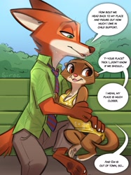 Size: 1887x2517 | Tagged: suggestive, artist:siroc, mrs. otterton (zootopia), nick wilde (zootopia), canine, fox, mammal, mustelid, otter, anthro, disney, zootopia, 2023, amber eyes, bench, bottomwear, clothes, dialogue, dress, duo, duo male and female, ears, female, green eyes, male, male/female, necktie, outdoors, pants, park, park bench, paws, shirt, signature, sitting, size difference, speech bubble, tail, talking, text, topwear
