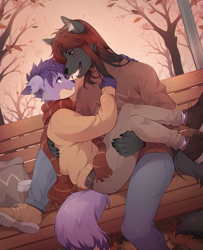 Size: 1038x1280 | Tagged: safe, artist:fumiko, oc, mammal, anthro, 2020, autumn, belt, bench, black body, black fur, bottomwear, clothes, coffee cup, couple, digital art, duo, duo male, ears, femboy, fur, hair, looking at each other, male, male/male, males only, open mouth, outdoors, pants, park, park bench, purple body, purple fur, purple hair, red hair, romantic couple, scarf, shoes, sitting, sweater, topwear