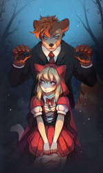 Size: 766x1280 | Tagged: safe, artist:fumiko, oc, oc only, oc:fumiko, oc:fuwaneko, canine, cat, feline, mammal, raccoon dog, anthro, little red riding hood, 2020, basket, blonde hair, bottomwear, brown body, brown fur, clothes, container, cream body, cream fur, digital art, dress, duo, duo male and female, ears, female, fur, hair, licking, licking lips, male, necktie, night, orange hair, outdoors, suit, tail, tan body, tan fur, tongue, tongue out