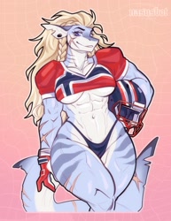 Size: 1583x2048 | Tagged: safe, artist:irvingwrites, fish, shark, anthro, 2023, big breasts, blonde hair, blue eyes, breasts, clothes, female, flag, gray body, hair, headwear, helmet, looking at you, muscles, muscular female, norway, norwegian flag, panties, scar, solo, solo female, tail, tail fin, thunder thighs, topwear, underwear, wide hips