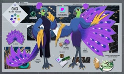 Size: 1833x1100 | Tagged: safe, artist:godbirdart, bird, galliform, peafowl, anthro, beak, bottomwear, clothes, dress, feathers, male, reference sheet, solo, solo male, tail, tail feathers, winged arms