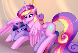 Size: 2739x1872 | Tagged: safe, artist:xjenn9, princess cadence (mlp), twilight sparkle (mlp), alicorn, equine, fictional species, mammal, pony, friendship is magic, hasbro, my little pony, biting, crown, cuddling, cutie mark, duo, duo female, ear bite, eyelashes, female, female/female, females only, floppy ears, fur, gradient hair, gradient mane, gradient tail, hair, headwear, horn, hug, jewelry, mare, multicolored hair, multicolored mane, multicolored tail, nibbling, nom, pink body, pink fur, purple eyes, regalia, shipping, shipping fuel, sisters-in-law, tail, twidance (mlp), wings