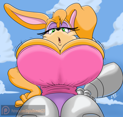 Size: 2000x1900 | Tagged: suggestive, artist:digitaldomain123, bunnie rabbot (sonic), lagomorph, mammal, rabbit, anthro, archie sonic the hedgehog, sega, sonic the hedgehog (series), big breasts, blue sky, breasts, bunny ears, clothes, cloud, cloudy, ears, eyelashes, fanart, female, fur, green eyes, hair, huge breasts, lidded eyes, long ears, looking at someone, looking at something, looking at you, newgrounds, offscreen character, orange body, orange fur, patreon, patreon exclusive, patreon logo, pink clothing, pov, purple eyeshadow, robotic, robotic arm, robotic limbs, sky, solo, solo female, solo focus
