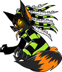 Size: 1266x1474 | Tagged: safe, artist:foxsnacks, negaren (lapfox), canine, fox, mammal, anthro, lapfox trax, 2014, black body, black fur, clothes, digital art, fur, glowing, glowing eyes, male, open mouth, open smile, orange body, orange fur, simple background, smiling, solo, solo male, striped clothes, striped shirt, tentacle hair, transparent background, yellow eyes