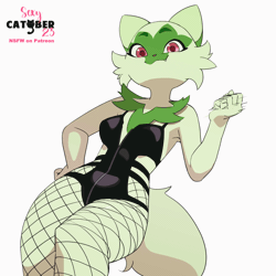 Size: 1080x1080 | Tagged: safe, artist:feliscede, cat, feline, fictional species, mammal, sprigatito, anthro, series:sexy catober (by feliscede), nintendo, pokémon, spoiler:pokémon gen 9, spoiler:pokémon scarlet and violet, 2023, 2d, 2d animation, animated, bedroom eyes, breasts, cameltoe, cheek fluff, clothes, digital art, ears, eyelashes, female, fishnet, fishnet stockings, fluff, gif, hair, hand on hip, legwear, leotard, looking at you, looking down, looking down at you, low angle, neck fluff, see-through, simple background, solo, solo female, starter pokémon, stockings, tail, thighs, white background, wide hips