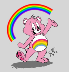 Size: 872x917 | Tagged: safe, artist:blondiemutt, cheer bear (care bears), bear, fictional species, mammal, semi-anthro, care bears, 2022, 2d, care bear, female, gray background, looking at you, open mouth, open smile, rainbow, raised leg, signature, simple background, smiling, smiling at you, solo, solo female
