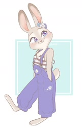 Size: 1080x1672 | Tagged: safe, artist:penpen_disney, judy hopps (zootopia), lagomorph, mammal, rabbit, anthro, disney, zootopia, 2023, breasts, cleavage, clothes, cute, female, flower, flower in hair, hair, hair accessory, hands in pockets, looking to the side, plant, smiling, solo, solo female, suspenders, topwear