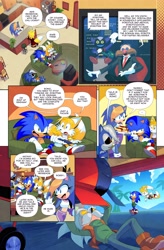 Size: 2684x4096 | Tagged: safe, artist:drawloverlala, bernadette hedgehog (sonic), bokkun (sonic), doctor eggman (sonic), jules hedgehog (sonic), miles "tails" prower (sonic), sir charles the hedgehog (sonic), sonic the hedgehog (sonic), uncle chuck (sonic), zooey the fox (sonic), canine, fictional species, fox, hedgehog, human, mammal, red fox, robot, anthro, humanoid, comic:sonic world travel au, archie sonic the hedgehog, sega, sonic boom (series), sonic the hedgehog (series), sonic x, ..., 2023, alternate universe, blonde hair, blue body, blue eyes, blue fur, bottomwear, chair, chili dog, clothes, couch, dialogue, english text, eyelashes, female, fingerless gloves, flying, food, fur, gloves, goggles, green eyes, hair, high res, hot dog, indoors, jewelry, kitchen, living room, mail, male, multiple tails, mustache, necklace, necktie, palm tree, pants, plant, quills, red eyes, remote control, roboticization, shirt, shoes, shorts, sitting, table, tail, talking, television, text, topwear, tree, two tails, yellow body, yellow fur