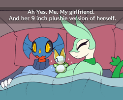 Size: 1000x817 | Tagged: safe, artist:r-mk, oc, oc:ginger (r-mk), oc:june greenfield (r-mk), fictional species, garchomp, serperior, anthro, nintendo, pokémon, 2023, ah yes me my girlfriend and her x, anthro/anthro, bed, belly button, black sclera, blanket, breasts, clothes, colored sclera, digital art, duo, duo female, ears, eyelashes, female, female/female, females only, hair, huge breasts, lying down, lying on bed, meme, on bed, pillow, plushie, pose, scales, shirt, starter pokémon, topwear, toy