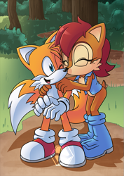 Size: 637x900 | Tagged: safe, artist:darknoiseuk, miles "tails" prower (sonic), princess sally acorn (sonic), canine, chipmunk, fox, mammal, red fox, rodent, anthro, archie sonic the hedgehog, sega, sonic the hedgehog (satam), sonic the hedgehog (series), 2020, blue eyes, boots, brown body, brown fur, bushes, cheek fluff, clothes, commission, eyelashes, eyes closed, female, fluff, funny kiss, fur, gloves, hair, hands on shoulders, jacket, kiss on the cheek, kissing, male, multiple tails, one eye closed, red hair, shoes, tail, topwear, two tails, yellow body, yellow fur