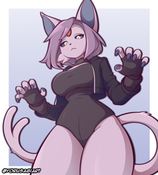 Size: 1200x1330 | Tagged: safe, artist:yorusagi, oc, oc only, eeveelution, espeon, fictional species, mammal, anthro, nintendo, pokémon, 2023, breasts, clothes, digital art, ears, eyelashes, female, fingerless gloves, fur, gloves, hair, jacket, leotard, looking at you, looking down, looking down at you, low angle, solo, solo female, thighs, topwear, wide hips